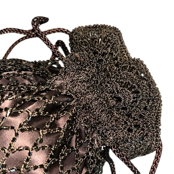 Flapper Style Brown Crochet Beaded Mesh Bag Pouch Style Sparkly Crossbody - Picture 4 of 9